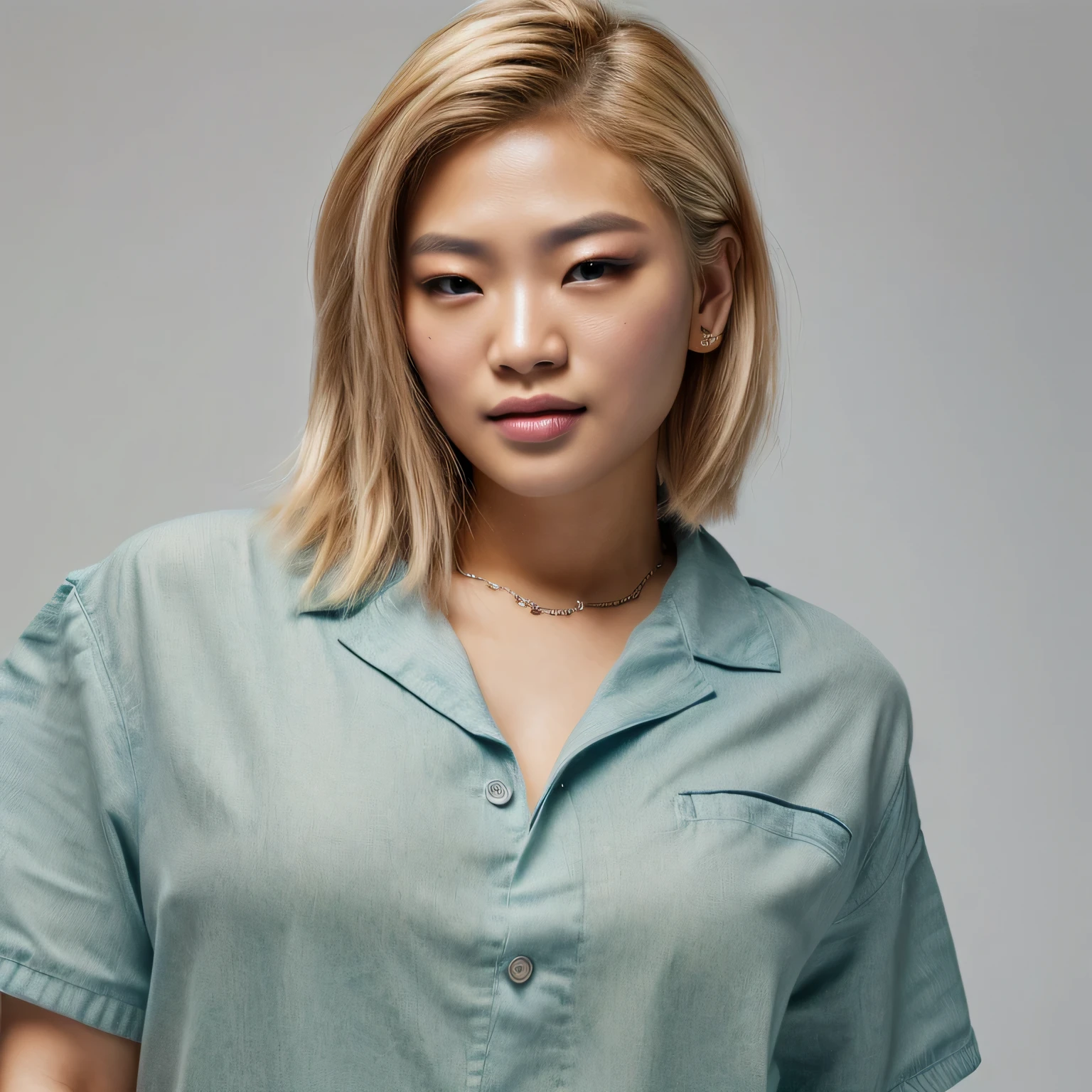 asian woman, blonde, short hair, small eyes, single eyelid, thin eyebrows, high-quality, hyper realistic, photorealistic, 8K, best quality,4k,8k,highres,masterpiece:1.2),ultra-detailed,(realistic,photorealistic,photo-realistic:1.37),HDR,UHD,studio lighting,ultra-fine painting,sharp focus,physically-based rendering,extreme detail description,professional,vivid colors,bokeh, from side