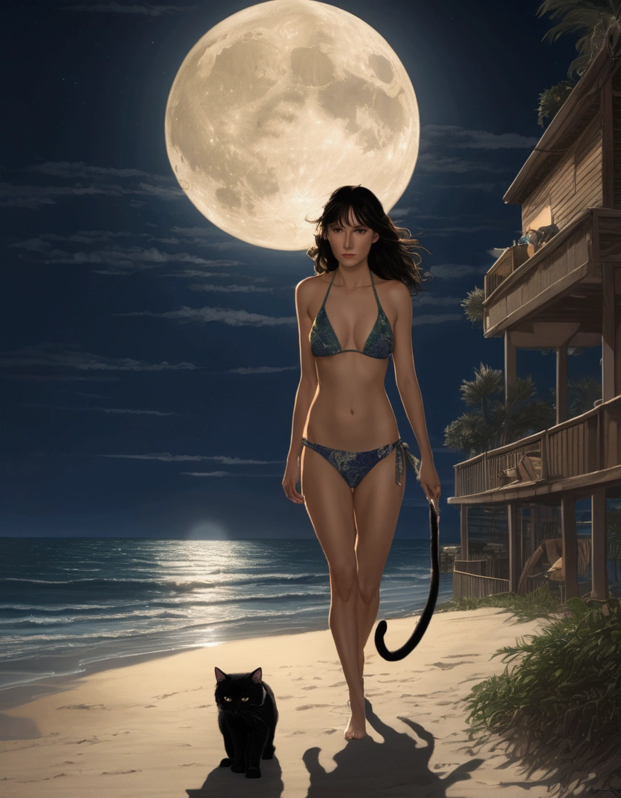 A giant cat stalks a bikini clad woman, beach by moonlight
