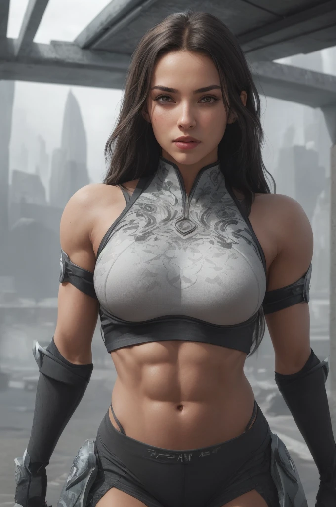 a fit athletic woman, beautiful detailed eyes, beautiful detailed lips, extremely detailed face and features, fit toned body, 6 pack abs, dynamic pose, natural lighting, seamless 3D rendering, photorealistic, highly detailed, cinematic composition, dramatic lighting, vibrant colors, fantasy sci-fi landscape, futuristic environment, intricate details, elegant, alluring, confident, flirting personality