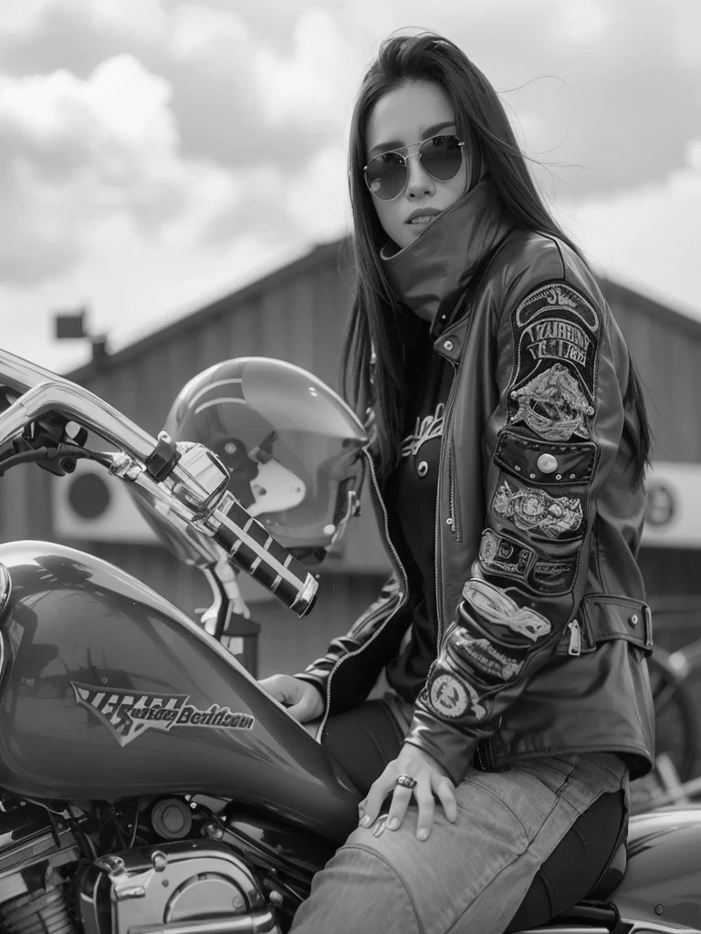 Araped woman sitting on a motorcycle in leather jacket, Photo of a female biker, biker, Motorcycle rider, Sitting on a motorcycle, B&W Photo, in door : Stephen Greene, Candid portraits, by Gavin Nolan, making: Natasha Tan, making: Mathias Kollros, Riding a motorcycle, Bad look, Harley-Davidson, posing in, by Romaine Brooke,Ultra8K,colored photo,