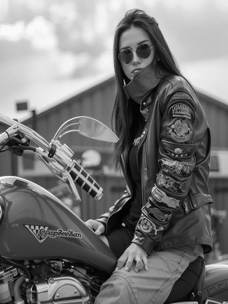Araped woman sitting on a motorcycle in leather jacket, Photo of a female biker, biker, Motorcycle rider, Sitting on a motorcycle, B&W Photo, in door : Stephen Greene, Candid portraits, by Gavin Nolan, making: Natasha Tan, making: Mathias Kollros, Riding a motorcycle, Bad look, Harley-Davidson, posing in, by Romaine Brooke,Ultra8K,colored photo,