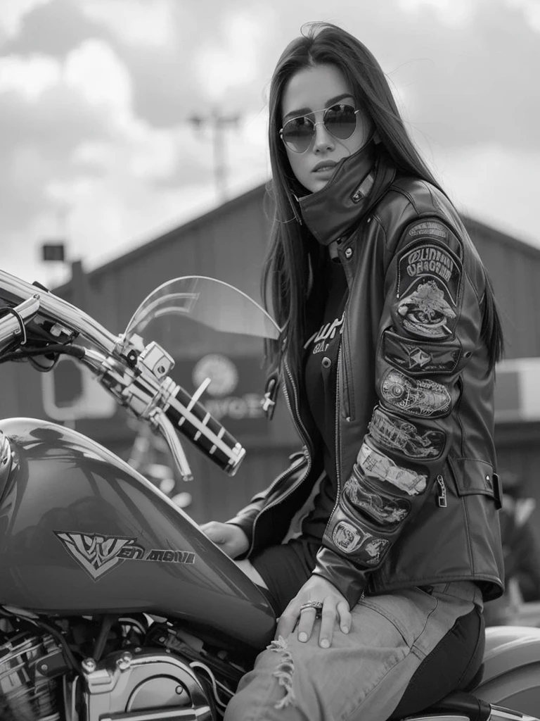 Araped woman sitting on a motorcycle in leather jacket, Photo of a female biker, biker, Motorcycle rider, Sitting on a motorcycle, B&W Photo, in door : Stephen Greene, Candid portraits, by Gavin Nolan, making: Natasha Tan, making: Mathias Kollros, Riding a motorcycle, Bad look, Harley-Davidson, posing in, by Romaine Brooke,Ultra8K,colored photo,