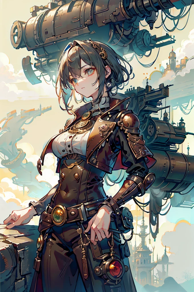 In the distance, there is a prosperous steampunk style city surrounded by desolate mountains,there is a prosperous city with a mechanical punk style, top-down view, distant view, retro futurism, a steampunk city street full of high-rise buildings, with steampunk style buildings on both sides and a street in the middle, ultra high definition, 8k,ultra distant view,stone brick street,and a very distant city