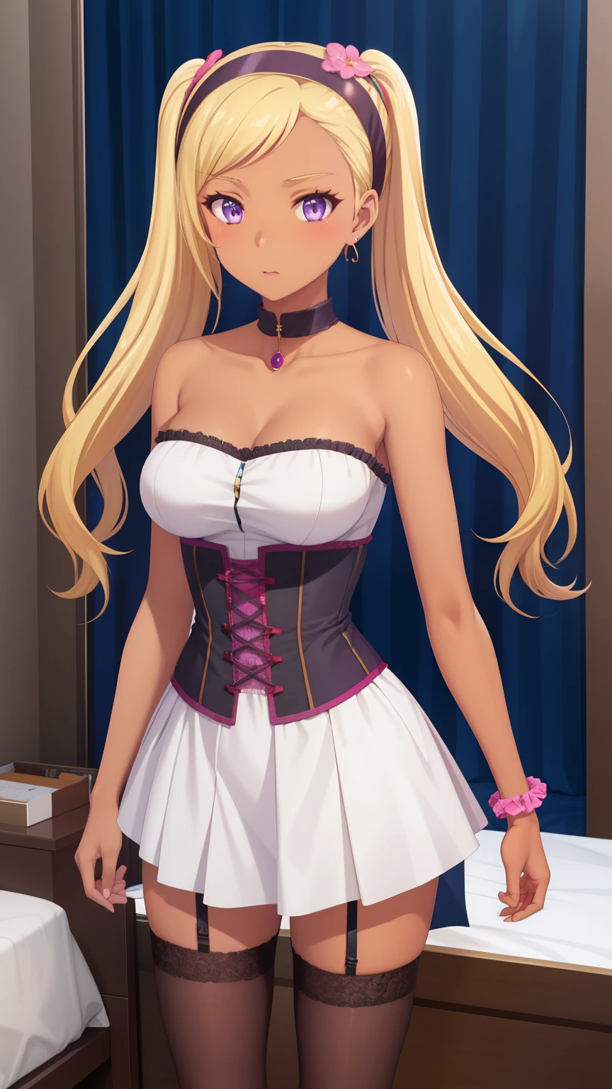 QUITTERIE RAFFAELI, LONG HAIR, BLONDE HAIR, TWINTAILS, PURPLE EYES, HAIRBAND, DARK SKIN, DARK-SKINNED girl, JEWELRY, EARRINGS, 1girl, solo, masterpiece, illustration, game CG, absurdres, highly detailed, bedroom, strapless corset, thigh highs, standing