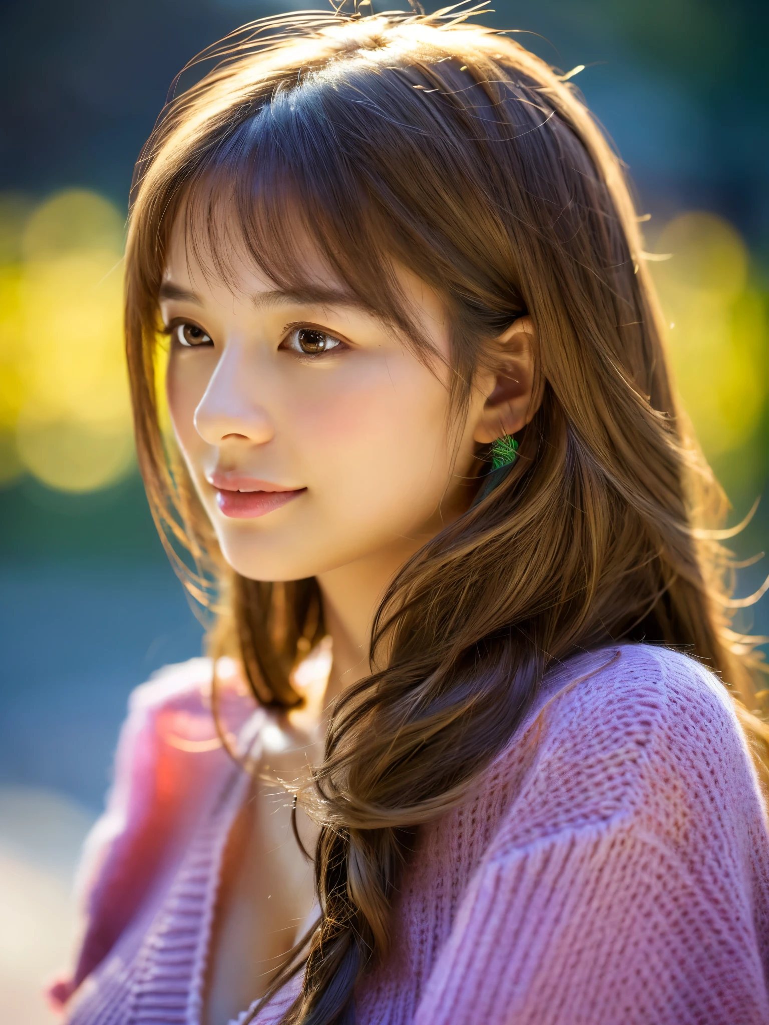 1girl, beautiful russian woman, light brown hair, clear skin, narrow waist, wearing loose light knitwear, masterpiece SLR photo, attention to detail, perfect proportions, soft-looking bust with cleavage, (best quality, 4k, 8k, highres, masterpiece:1.2), ultra-detailed, (realistic, photorealistic, photo-realistic:1.37), portraits, night scene, cinematic lighting, (intricate details:1.2), (vivid colors:1.2), (natural skin texture:1.1), (elegant pose:1.1), (serene expression:1.1), (soft focus background:1.1), (rough long hairstyle:1.2)