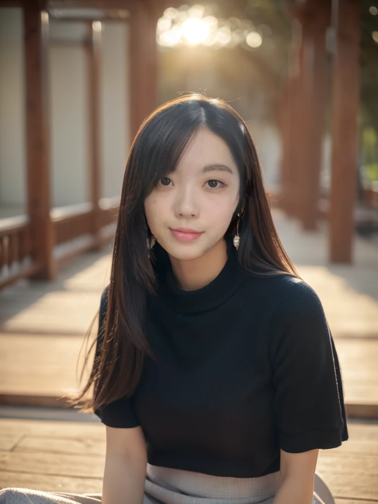 (8k、RAW Photos、Best image quality、masterpiece:1.3)、(Realistic、Photorealistic:1.3)、One Girl、(cute:1.3)、(Small Tits:1.3)、(sunlight)、(sunlight)、(Red sunlight)、Sunee、(Look at the viewers:1.3)、Wavy long hair、(Earringouth closed、Urzan-6500-v1.1:0.5. Green wool skirt、There is a woman sitting on the ground next to the bed., 若くてcute女の子, 2 4-year-old female model, cute若い女性, Gorgeous Young Korean Woman, Good young girl, Beautiful Asian Girl, Gorgeous Chinese Model, Korean Girls, cute若い女の子, cute若い女性, Beautiful face with arms and legs, sakimichan, cute女の子
