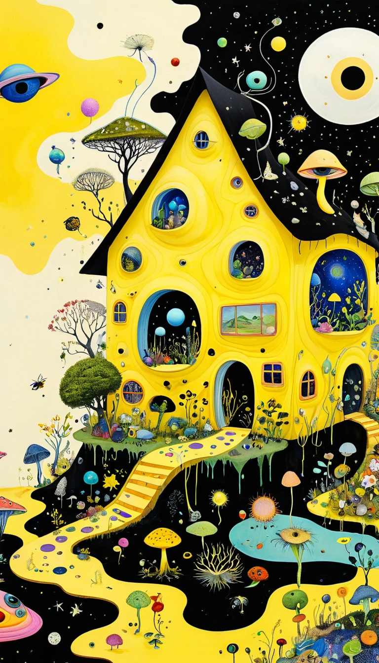 Intense visual fusion of various elements，broto，microorganism、plantar、Cheese house、Eye、wild animal life，Stitching an abstract painting，Describing the inner world of autistic people，Sense of space，blank space，interesting，innocence，psychedelic art，yellow and black,3d