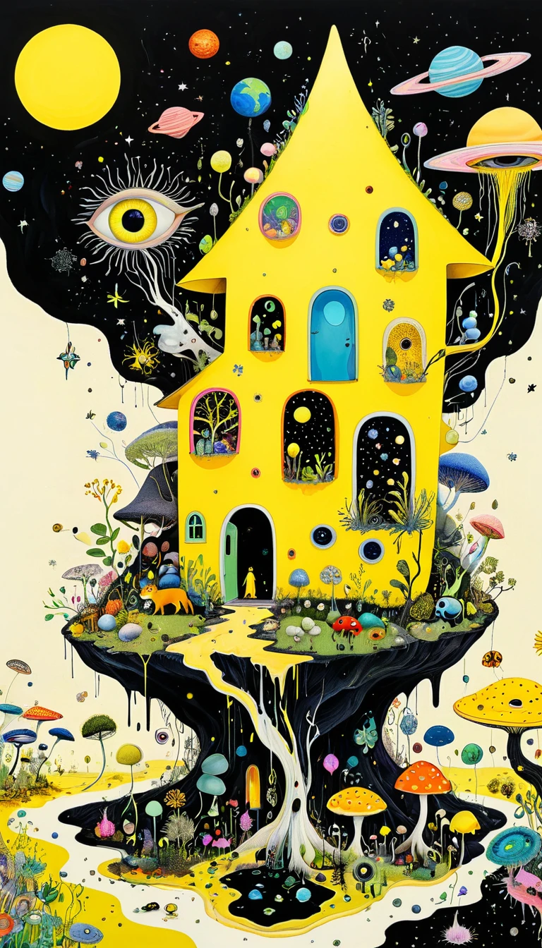 Intense visual fusion of various elements，broto，microorganism、plantar、Cheese house、Eye、wild animal life，Stitching an abstract painting，Describing the inner world of autistic people，Sense of space，blank space，interesting，innocence，psychedelic art，yellow and black,3d
