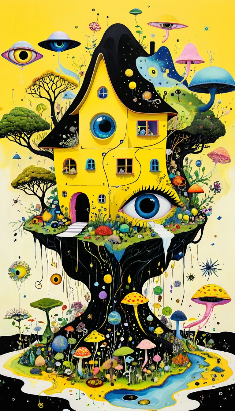 Intense visual fusion of various elements，broto，microorganism、plantar、Cheese house、Eye、wild animal life，Stitching an abstract painting，Describing the inner world of autistic people，Sense of space，blank space，interesting，innocence，psychedelic art，yellow and black,3d