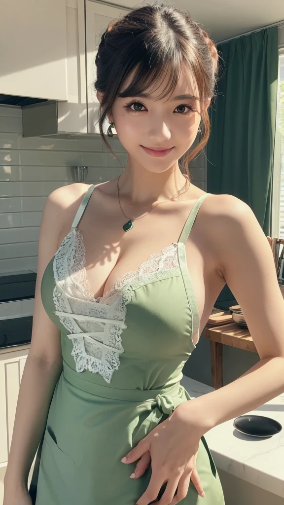 (surreal), (illustration), (high resolution), (8k), (very detailed), (Best illustration), (beautiful and delicate eyes),(sharp focus), (professional), (realistic), (After treatment), (maximum detail),asperity, (best quality), (very detailed), (table top), (wallpaper), (detailed face), (hard small shadow : 1.6),((Perfectly delicate five-finger hand)), 1 person, (19 years old), (Japanese beauty), (double eyelid), (delicate face), (Sunny Smile:1.4),(high nose), (plump lips), (porcelain white skin:1.2),slim waist, (big bust:1.6), long legs, big ass, strong abs, ((Five-fingered feet with perfect proportions and details)), necklace, look at the viewer,earring, bob haircut,wavy hair or ponytail,(in a modern kitchen:1.2), (Wearing _kitchen_apron:1.4),(green lace with lace:1.2)、show me your armpits、raise one's arms、I can see your panties、sexy panties、sexy lingerie、erotic、act like a model、sexy look、gatherbelt、Stacking、knee high、high socks