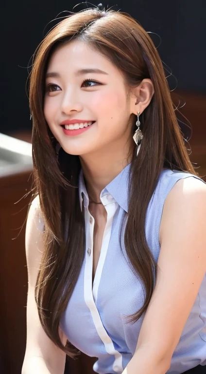 ((Highest quality, 8k, Tabletop: 1.3)), sharp: 1.2, Perfect Body Beauty: 1.4, Slim Abs: 1.2, ((light brown Long Hairstyle,Medium chest: 1.2)), Cleavage, (Pale white long shirt: 1.1), Highly detailed face and skin texture, Beautiful Eyes, double eyelid, Side view of the camera, Innocent, (Excited: 1.3)、Cute Smile、Big earrings、Sleeveless、See-through collared shirt、Long Hair、Hair swaying in the wind、