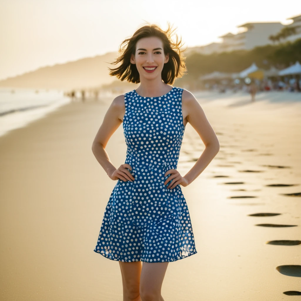 A beautiful face cute Japanese woman, still from the film, (Anne Hathaway look alike face: 0.9), happy smile, in a short dress inspired by Wes Anderson, on the beach, hyperrealistic photography, Leica SL3, Summicron-SL 75 f/2 ASPH, Kodak Gold 200 film, silhouette, shallowed depth of field, dynamic hands up,