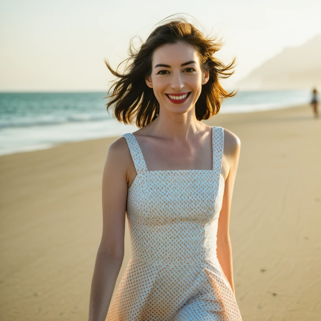 A beautiful face cute Japanese woman, still from the film, (Anne Hathaway look alike face: 0.9), happy smile, in a short dress inspired by Wes Anderson, on the beach, hyperrealistic photography, Leica SL3, Summicron-SL 75 f/2 ASPH, Kodak Gold 200 film, silhouette, shallowed depth of field, dynamic hands up,