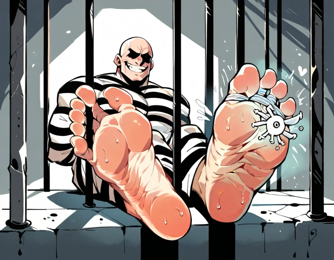 A muscular bald man,Wearing black and white stripes,Smile with your hands behind your back,Feet tied to fallen logs,Ribs and feet tickled,In a prison setting,Focus on the feet,prisoner,Sweaty Feet