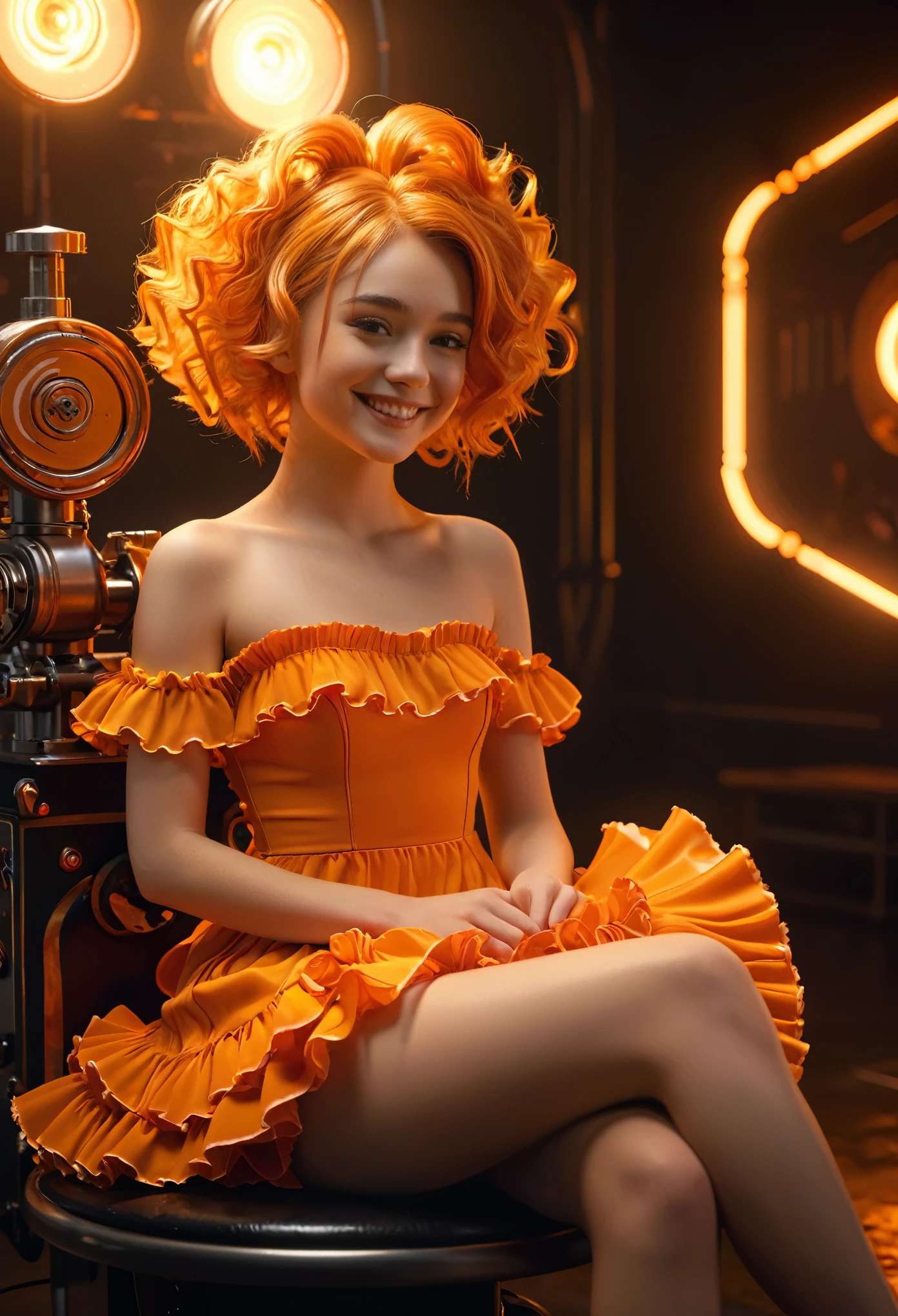 highly detailed, 8k, masterpiece, One girl, orange frills_hair_tube, dress, bend_that's all , Grin, (perfection_face), Sitting, machine, Brilliant, Complex, Dramatic lighting, 4K, detailed_background, Caustics, full_body, (Surreal:1.3), bloom,(Beautiful lighting:1.3), Caustics, Dynamic Lighting, Beautiful lighting, (Dakota Fanning:0.5) 