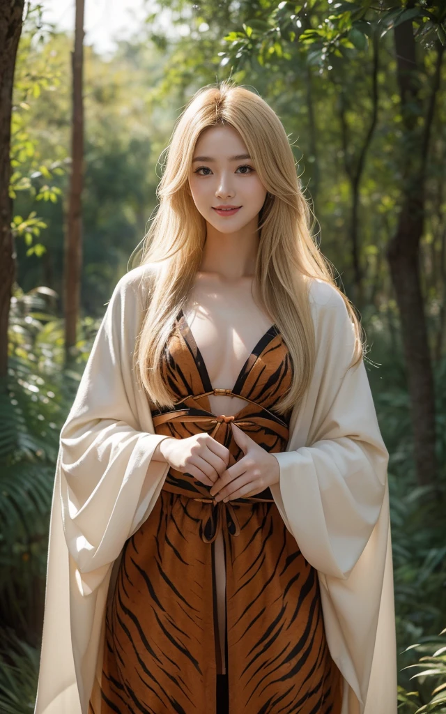 hair flow、 ((best quality、masterpiece、8K、Best image quality、Ultra-high resolution、Award-winning works)、(Accurate anatomy:1.1)、(Look at me and smile:1.1)、Shining fair skin with Ultra-high resolution、The most delicate face、Ultra-high resolution detailed face、Ultra-high resolutionのblond hair、(Ultra-high resolution eye:1.1)、Delicate face,The details are portrayed vividly、Traditional clothing , Chest to chest, strange atmosphere, Next to him stood a real tiger, dark light, In the woods , Heavy makeup、