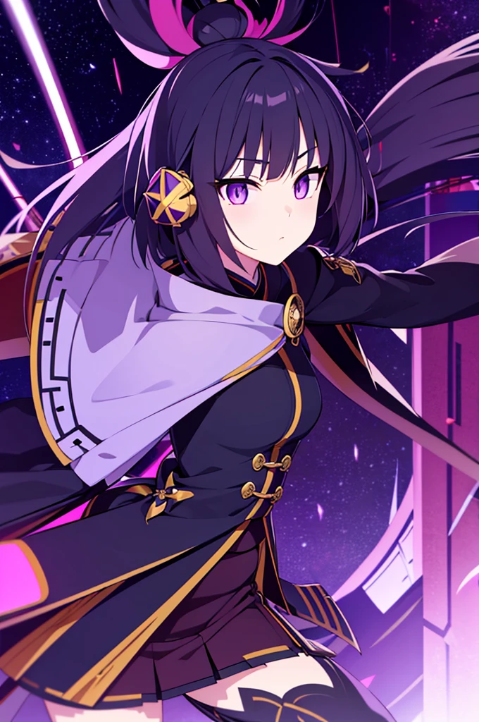 skinny girl, ultra high definition, very detailed, shuriken, shot, bundled hair, whole body, traditional Japanese outfit, short skirt, 23 years old, destroyed planet background, two tone hair (black, purple), Cheng'an, beautiful eyes, Adult