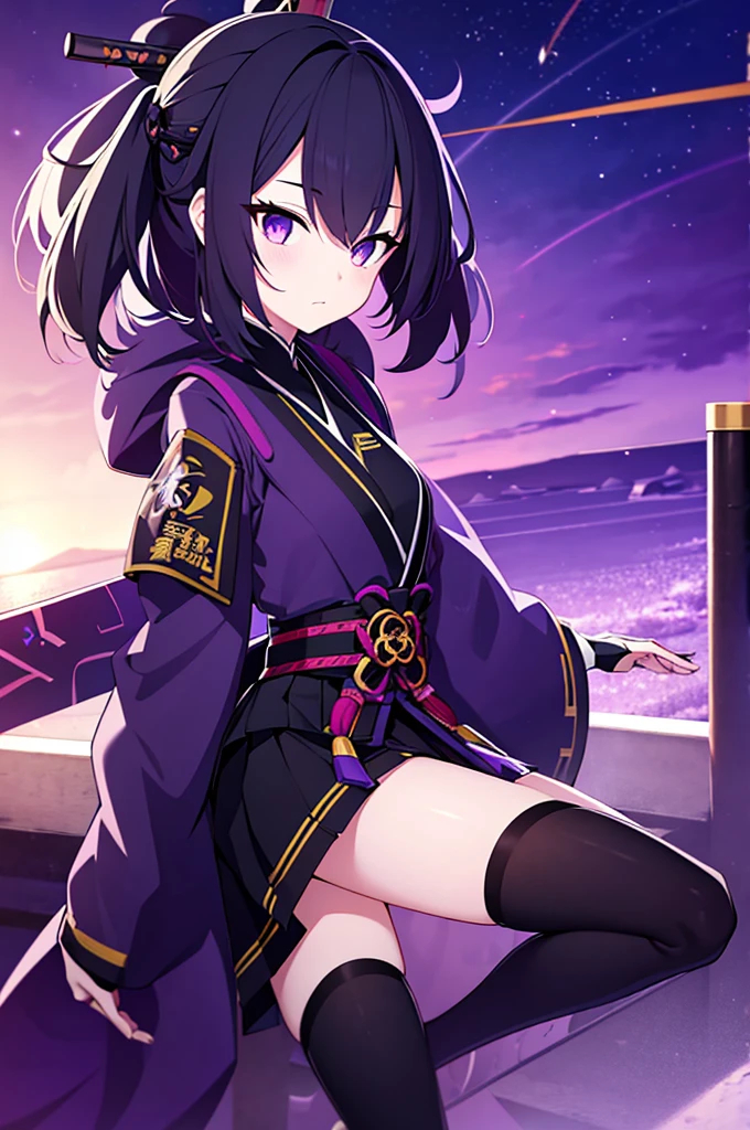 skinny girl, ultra high definition, very detailed, shuriken, shot, bundled hair, whole body, traditional Japanese outfit, short skirt, 23 years old, destroyed planet background, two tone hair (black, purple), Cheng'an, beautiful eyes, Adult