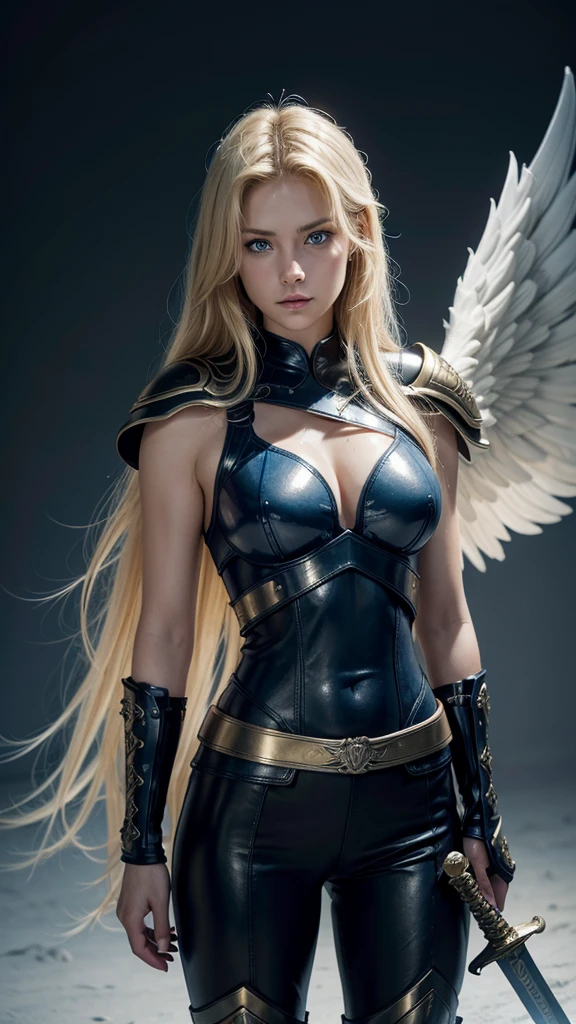 A wallpaper with a female warrior angel, hair blonde, breasts big, blue eyes with a dark background, and a sword in hand