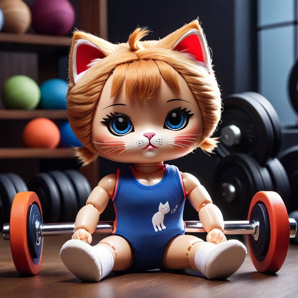 (knitted cloth doll toy:1.8), (Cute cat exercising:1.3), (clothing: sportswear:1.0), (Accessories: dumbbell:1.2), (background: Gym,:1.2), best quality, masterpiece, Meticulous soft oil painting, detailed background, dramatic movie lighting, soft edge lighting, professional, dramatic lighting, hard edge lighting, super quality, 4K, masterpiece, best quality, 8k, Ultra high quality, High resolution, Very detailed