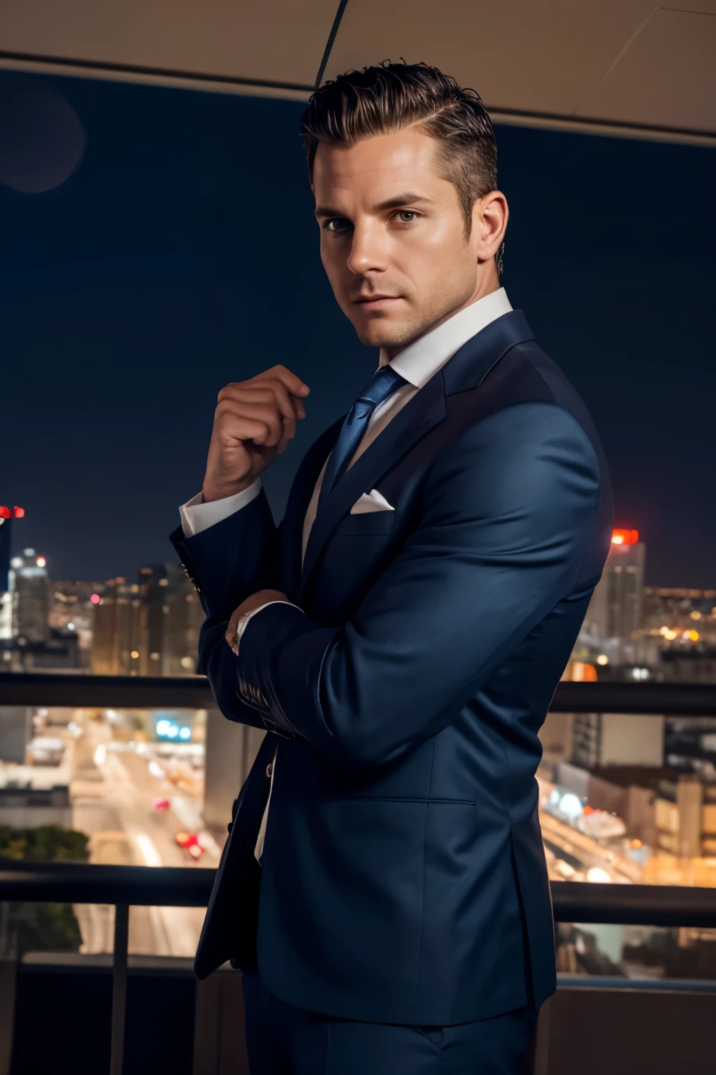 35 year old man looking like Harvey Specter in a suit, harismatic, posing for the camera. Night city in the background.