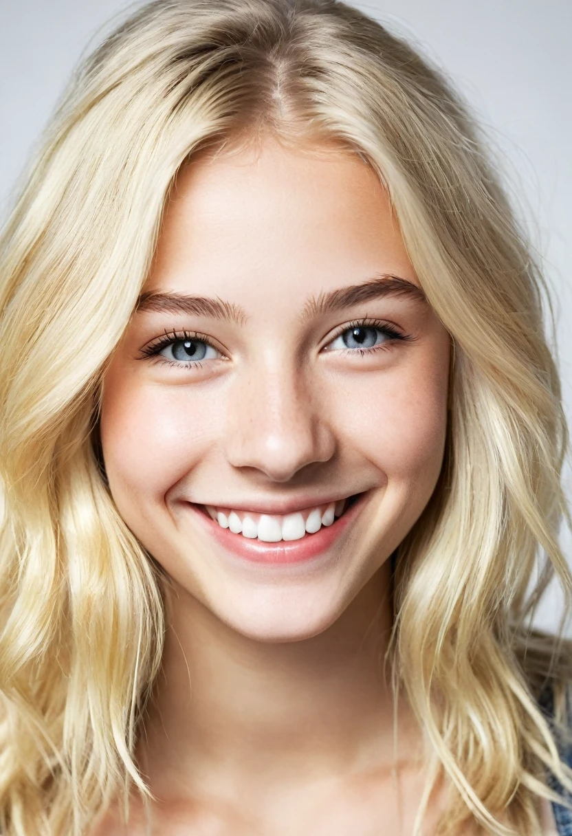 ((Beautiful)), young white teen, blonde hair, brightly smiling, in the style of Russell James 
