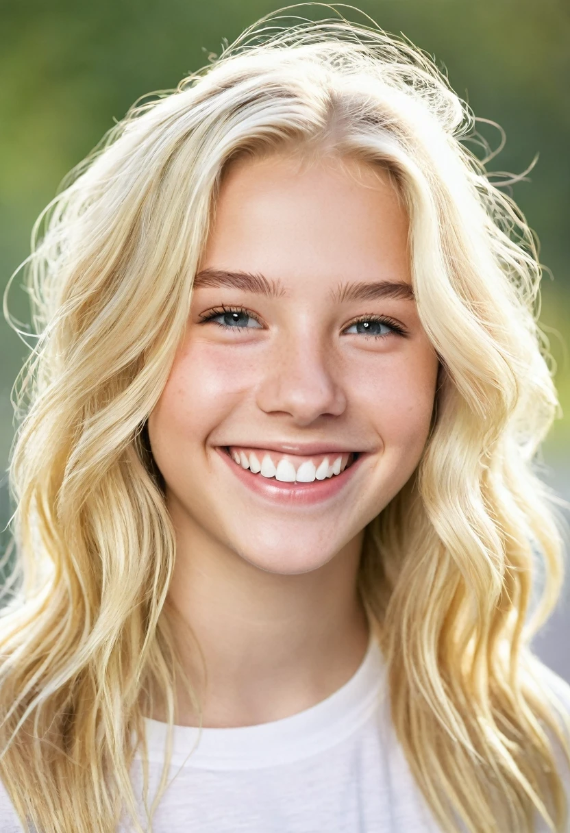 ((Beautiful)), young white teen, blonde hair, brightly smiling, in the style of Russell James 