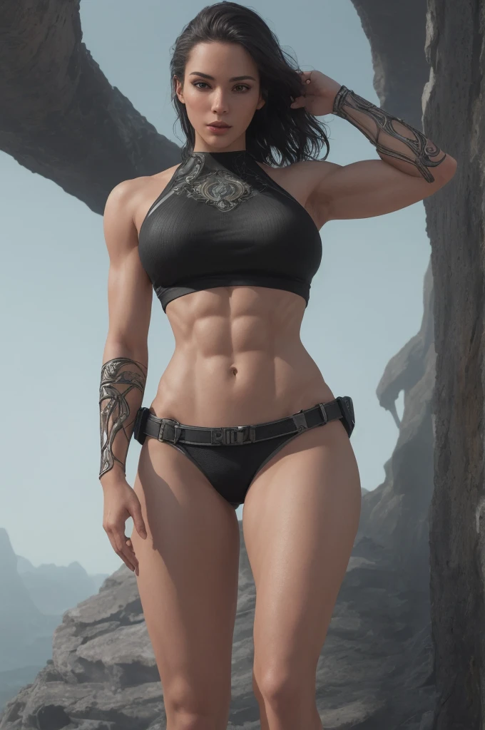 a fit athletic woman, beautiful detailed eyes, beautiful detailed lips, extremely detailed face and features, fit toned body, 6 pack abs, dynamic pose, natural lighting, seamless 3D rendering, photorealistic, highly detailed, cinematic composition, dramatic lighting, vibrant colors, fantasy sci-fi landscape, futuristic environment, intricate details, elegant, alluring, confident, flirting personality