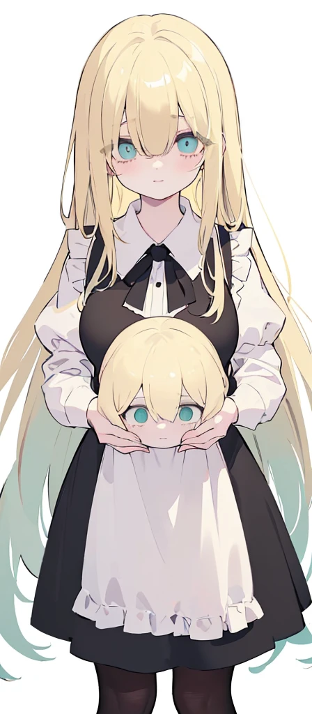 (((Long blonde Beautiful Hair))),blonde hair,kawai,(((Eyes visible from bangs,hair over eyes:1.3))),,Huge breasts,(cyan green color eyes),,(cyany slanted eyes),1girl in,bangs,long gray hair, pantyhose,Cowboy Shot,white background,short hair,smiled,(wearing black maid clothes), (maid dress type must have a perfect black vest), Bangs should be long to the tip of the chin(((Hands focused on holding a towel))), Kitchen room background, Perfect arm fingers,,, 1 girl, ((The image must match the tag)) Bangs almost cover the eyes full body (The character's entire body from top to bottom is completely visible)