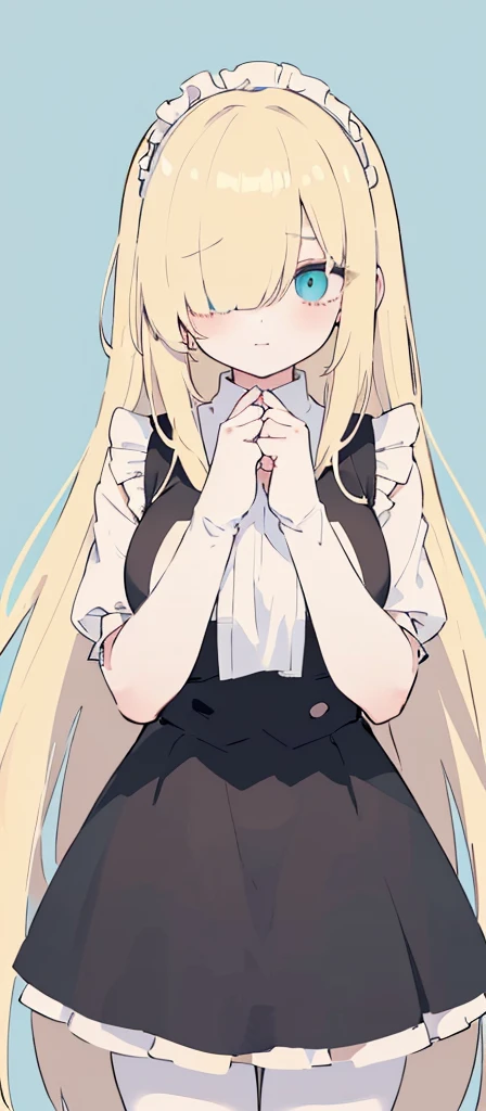 (((Long blonde Beautiful Hair))),blonde hair,kawai,(((Eyes visible from bangs,hair over eyes:1.3))),,Huge breasts,(cyan green color eyes),,(cyany slanted eyes),1girl in,bangs,long gray hair, pantyhose,Cowboy Shot,white background,short hair,smiled,(wearing black maid clothes), (maid dress type must have a perfect black vest), Bangs should be long to the tip of the chin(((Hands focused on holding a towel))), Kitchen room background, Perfect arm fingers,,, 1 girl, ((The image must match the tag)) Bangs almost cover the eyes full body (The character's entire body from top to bottom is completely visible)
