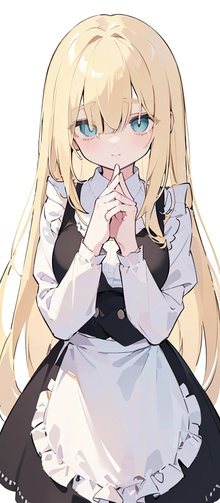 (((Long blonde Beautiful Hair))),blonde hair,kawai,(((Eyes visible from bangs,hair over eyes:1.3))),,Huge breasts,(cyan green color eyes),,(cyany slanted eyes),1girl in,bangs,long gray hair, pantyhose,Cowboy Shot,white background,short hair,smiled,(wearing black maid clothes), (maid dress type must have a perfect black vest), Bangs should be long to the tip of the chin(((Hands focused on holding a towel))), Kitchen room background, Perfect arm fingers,,, 1 girl, ((The image must match the tag)) Bangs almost cover the eyes full body (The character's entire body from top to bottom is completely visible)