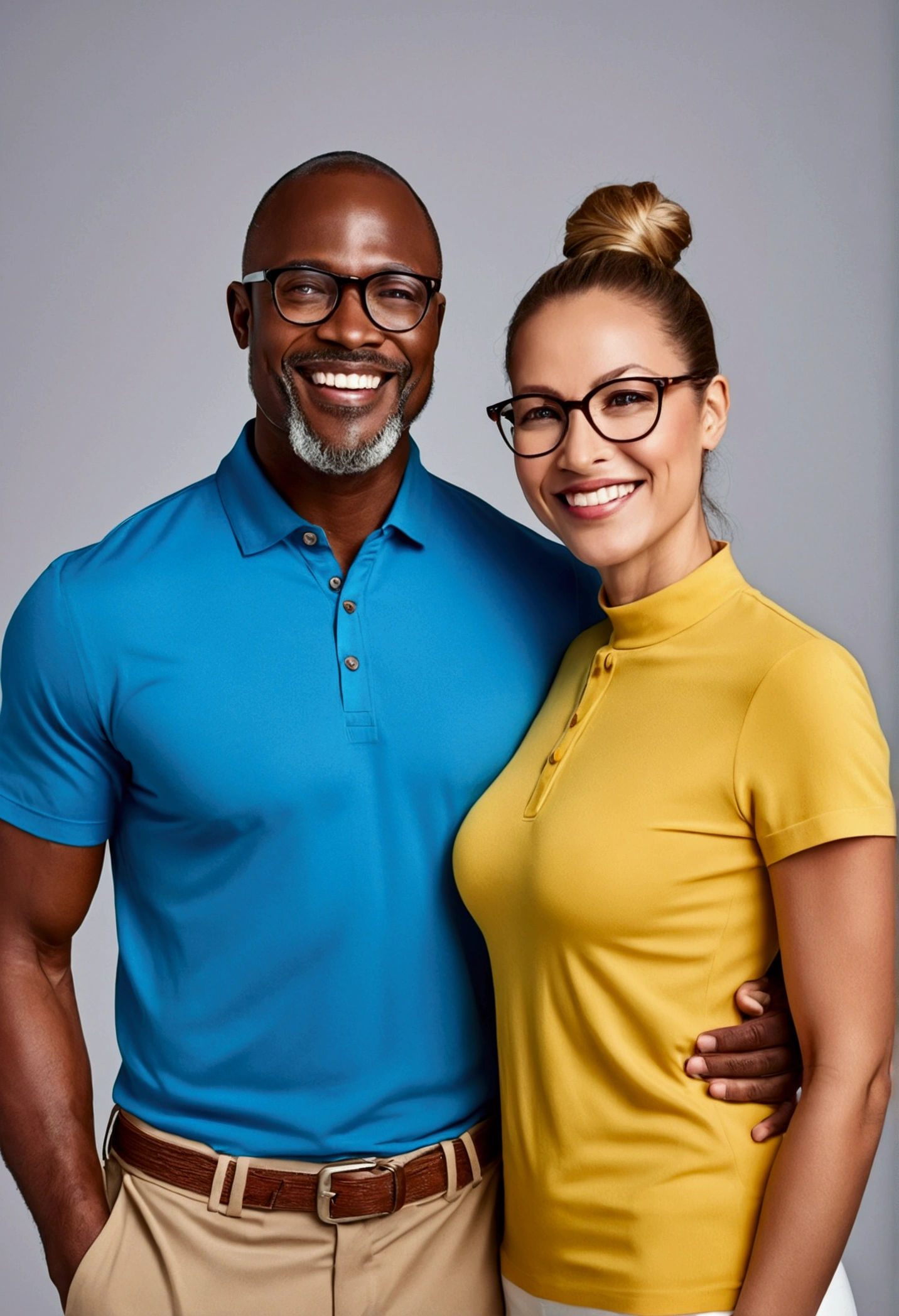 Imagine a middle age handsome african man wearing glasses with a strong chin, short beard, ponytail hair with a tight outfit and a caucasian woman wearing glasses with a smile, colorful clothes on a plain background