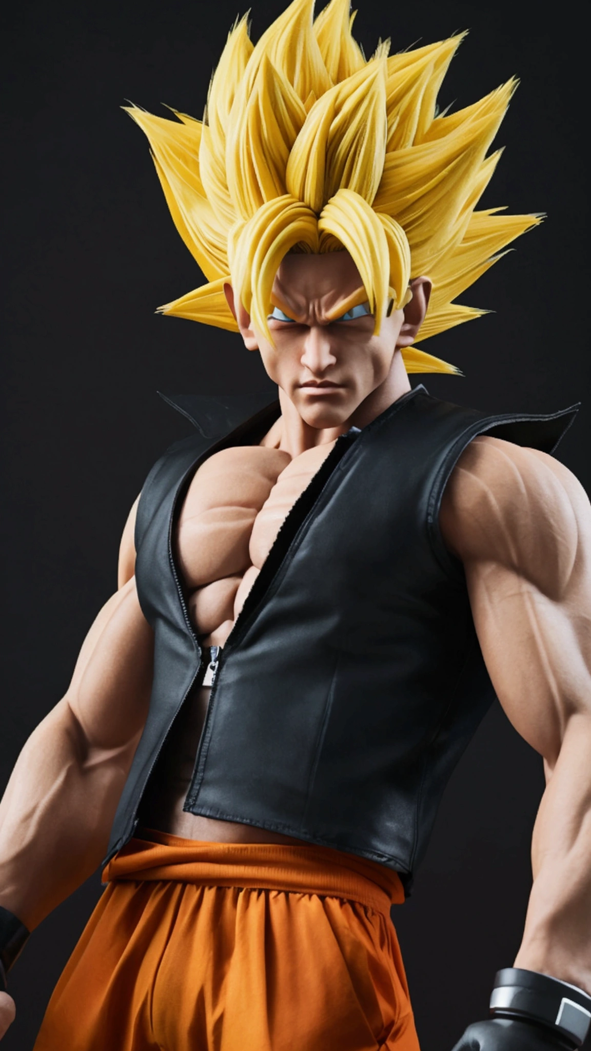 “Create a futuristic character inspired by Goku at level 4 in Super Saiyan. It must have a modern and technological look, with futuristic details in your clothing and accessories. The character must have his arms crossed, displaying a confident and powerful expression. Your appearance should reflect strength and determination, with spiky hair and intense eyes, characteristics of Super Saiyan level 4.”igual dragon ball gt