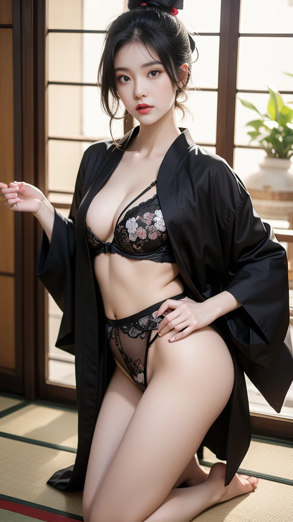 (Very sexy girl wearing sexy ukiyo-e kimono:1.3), lightweight bra, transparent, Black color头发颜色头发,, Black color stockings, lift your butt,Face Camera,Black color, ring, 4K, HD,looking at camera, Almost perfect, dynamic, The contents are very detailed., brown, sharp focus,glowing skin,camel toe showing thighs!!!、