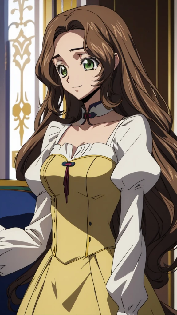 Score_9, score_8, score_7, code Geass_anime, Anastasia lamperough, brown hair and green eyes, long hair, light yellow dress, dark yellow puffy sleeves, smile, cute, castle, living room, day, best quality, masterpiece+