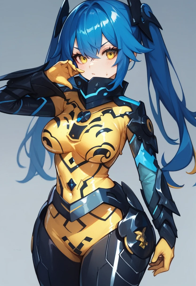 masterpiece, high quality, extremely detailed, perfect face, PSO2, Quna, two-tone blue hair, twintails, yellow eyes, (yellow latex zelsius suit, black armor), ((extremely glossy)), huge breasts, standing, simple background, Glossiness, shiny, whole body slimy, Sweat, steamy, Glossiness, shiny,