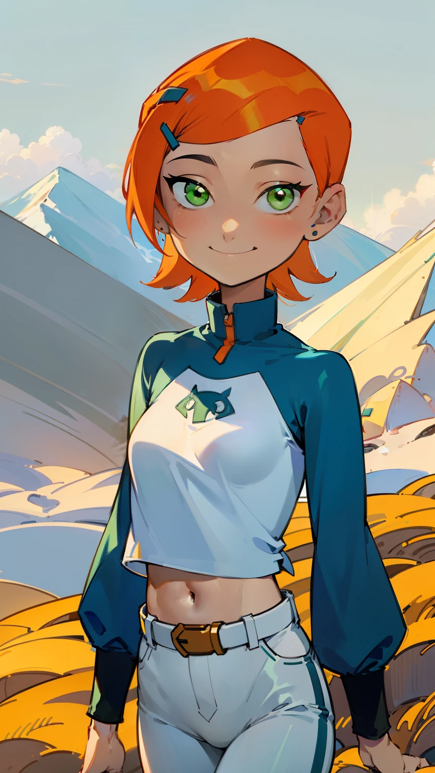 (Masterpiece), Best Quality, ultra-detailed, 1girl (Gwendolyn_Tennyson, beautiful face, breasts, orange hair, short hair, green eyes), , a charming face, smile, looking at viewer, solo, long sleeves, navel, belt, white pants, in the mountain, walk, charming walking