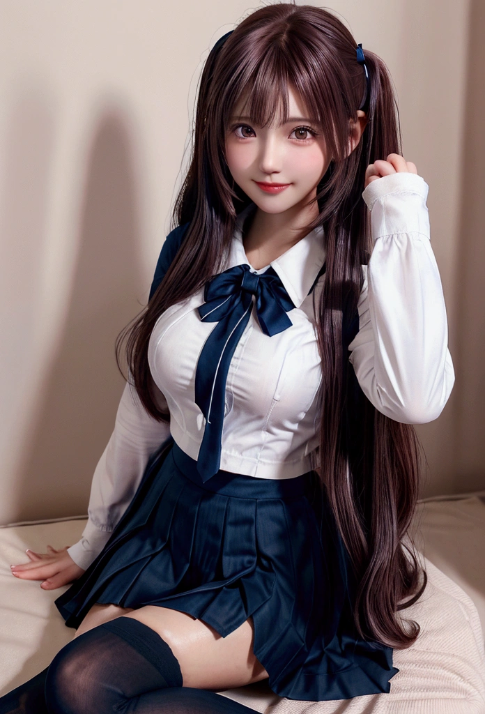 Highest quality,girl,high school girl,uniform,,White shirt,Navy blue pleated skirt,Black knee-highs,Brown and pink hair,Brown eyes,cute,Sitting,Medium Hair,smile,Twin tails,
