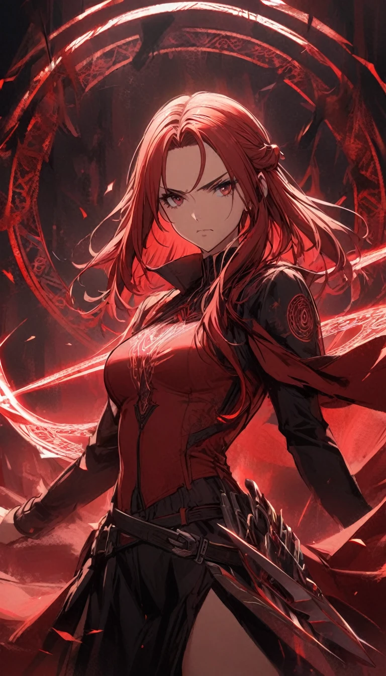 1girl,red curtain hair forehead,long blades,red glowing eldritch magic circle, serious,calm perfect body,