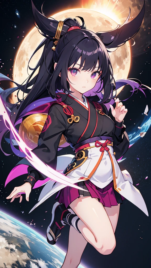 skinny girl, ultra high definition, very detailed, shuriken, shot, bundled hair, whole body, traditional Japanese outfit, short skirt, 23 years old, destroyed planet background, two tone hair (black, purple), Cheng'an, beautiful eyes, Adult