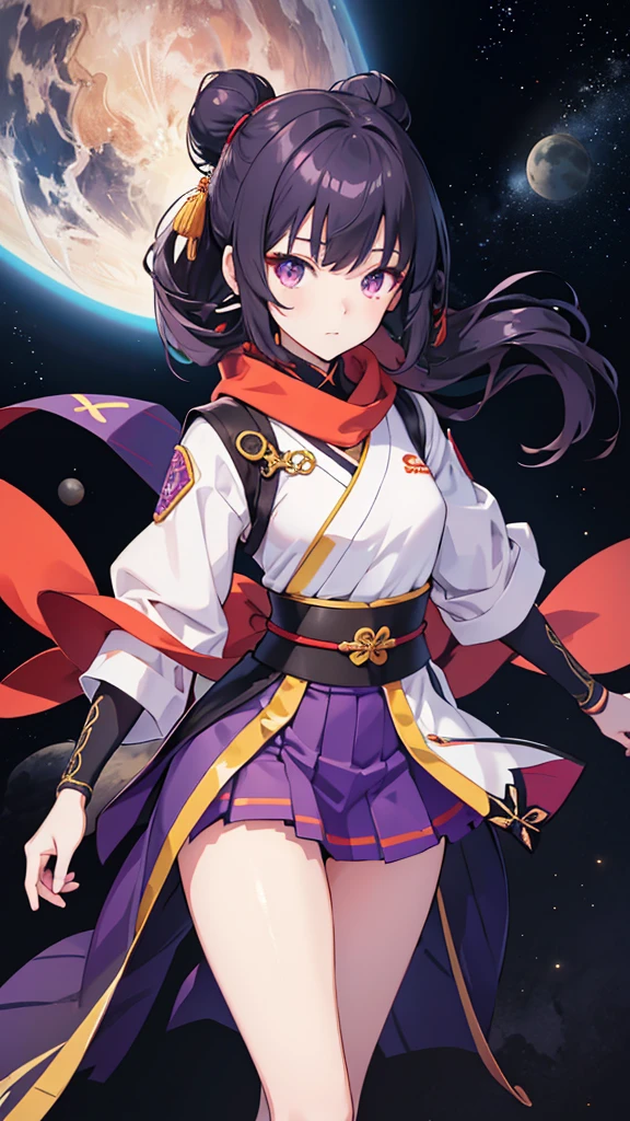 skinny girl, ultra high definition, very detailed, shuriken, shot, bundled hair, whole body, traditional Japanese outfit, short skirt, 23 years old, destroyed planet background, two tone hair (black, purple), Cheng'an, beautiful eyes, Adult