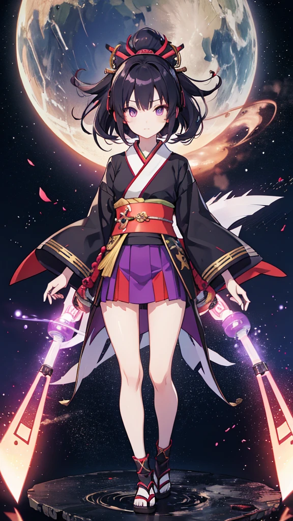 skinny girl, ultra high definition, very detailed, shuriken, shot, bundled hair, whole body, traditional Japanese outfit, short skirt, 23 years old, destroyed planet background, two tone hair (black, purple), Cheng'an, beautiful eyes, Adult