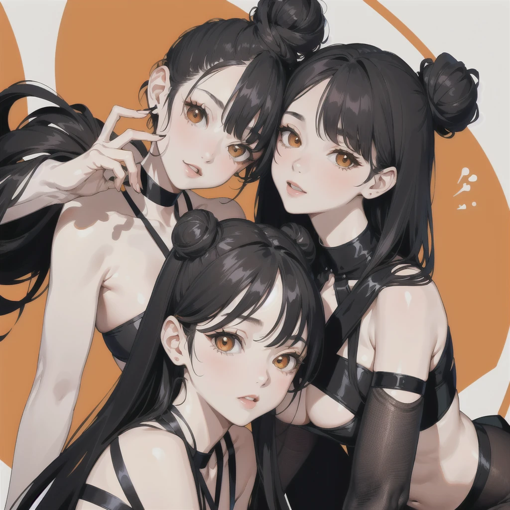 (masterpiece:1.2, Highest quality), 2 women, by 2 person,Gemini images,A black-haired woman wearing a set of different nuances, Bun Hair, Twins image,Orange background、Close-up of face