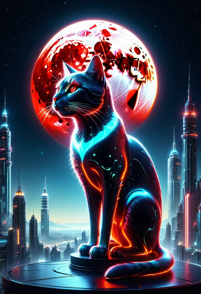 (Giant cat bigger than a building appears:1.2), (Mechanical Giant Cat:1.5), (Mythical Machinery), (Mechanobiology), ethereal, phantom, transparent, bioluminescence, Divine Light, fluorescence, charming, mysterious, bright colors, Detailed details, lifelike, Epic technological fantasy, epic surrealism, Epic future fantasy, bright colors, (detailed background), detailed landscape, soft shaded, light sparkles, cloudless sky, (red full moon), mysterious and fantastic, cyberpunk city, 
