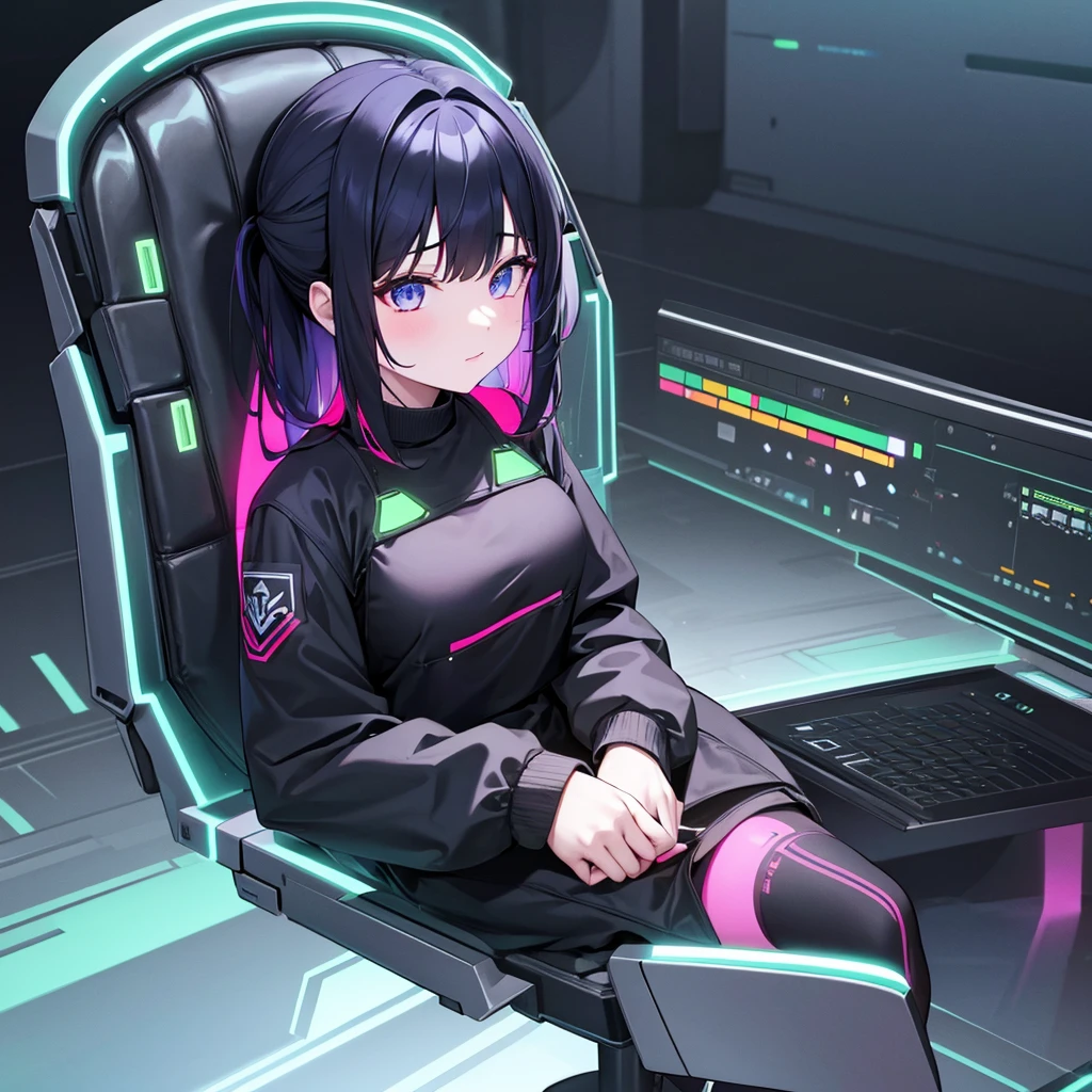 1 PC girl sitting in a chair. RGB lights on body. Black clothes. Multi colored lights all over her.