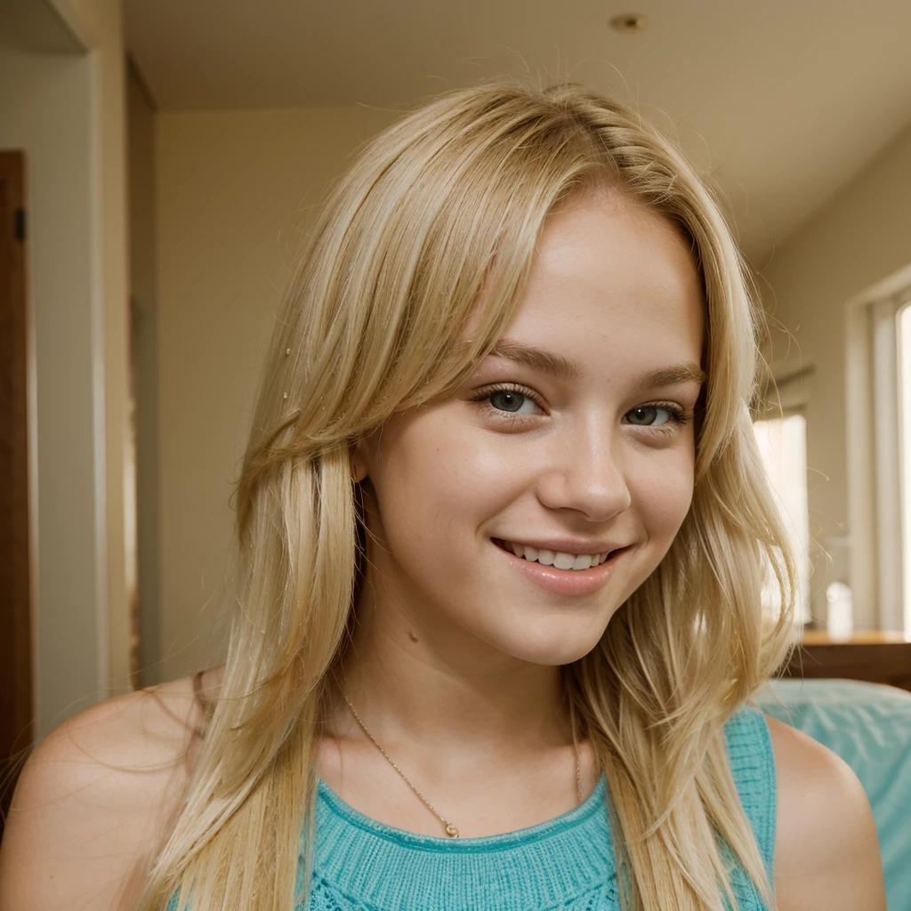 ((Beautiful)), young white teen, blonde hair, brightly smiling, in the style of Russell James