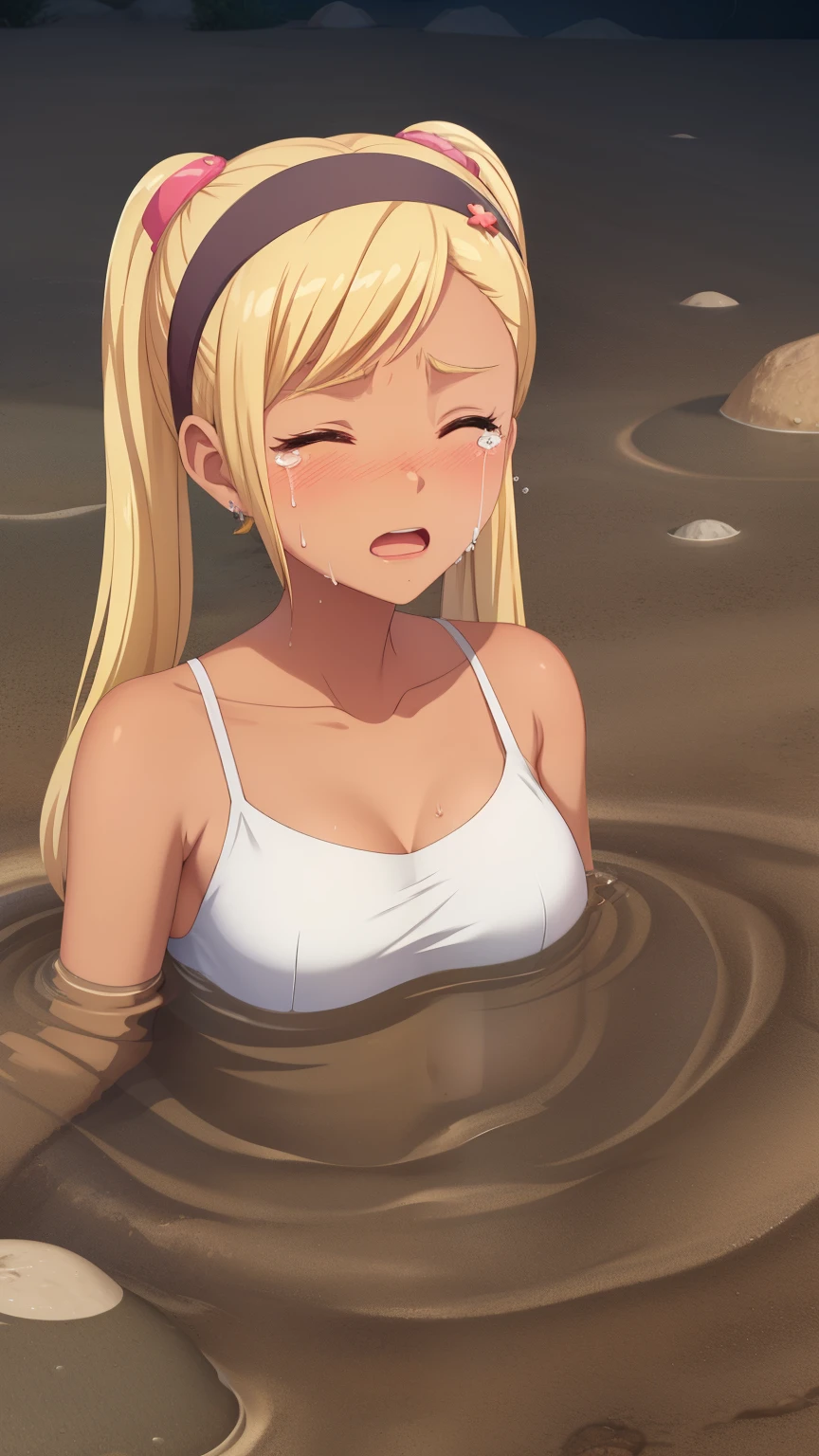 QUITTERIE RAFFAELI, LONG HAIR, BLONDE HAIR, TWINTAILS, HAIRBAND, DARK SKIN, DARK-SKINNED girl, JEWELRY, EARRINGS, 1girl, solo, masterpiece, illustration, game CG, absurdres, highly detailed, desert, (quicksand, partially submerged), tears on her cheeks, eyes closed, collarbone