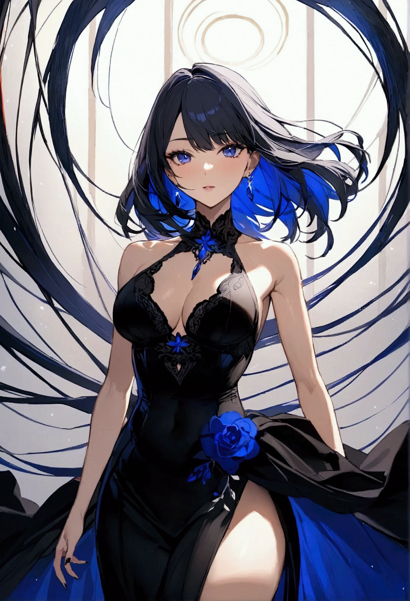 Adult female,long black hair with inner dark blue hair, dark blue eyes,athletic body, elegant black dress,