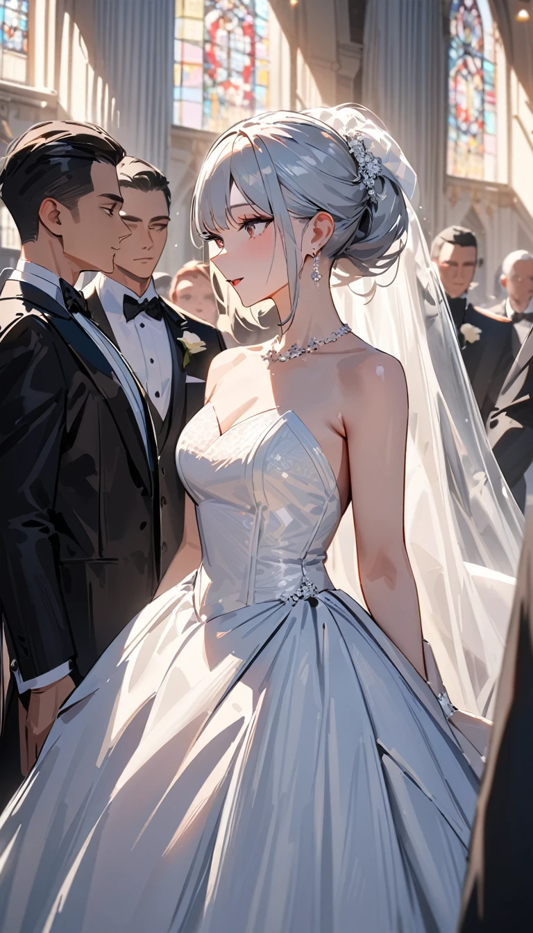 (upper body), masterpiece , modern, Verism, masterpiece, super detail, best quality, 4K ,Male and female couples standing in line,a woman,Wedding dress, a man ,tuxedo,church,wedding