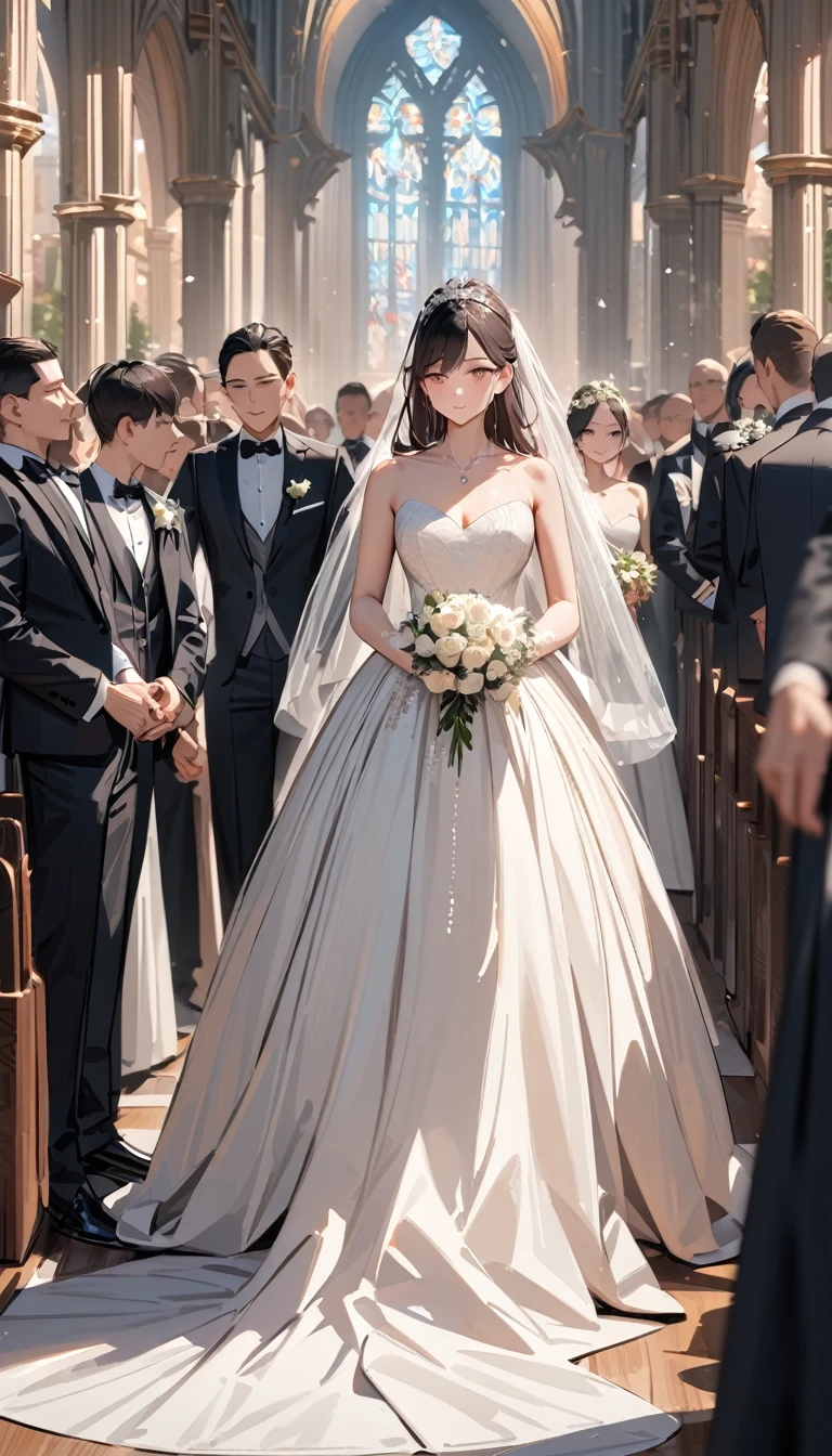 (upper body), masterpiece , modern, Verism, masterpiece, super detail, best quality, 4K ,Male and female couples standing in line,a woman,Wedding dress, a man ,tuxedo,church,wedding